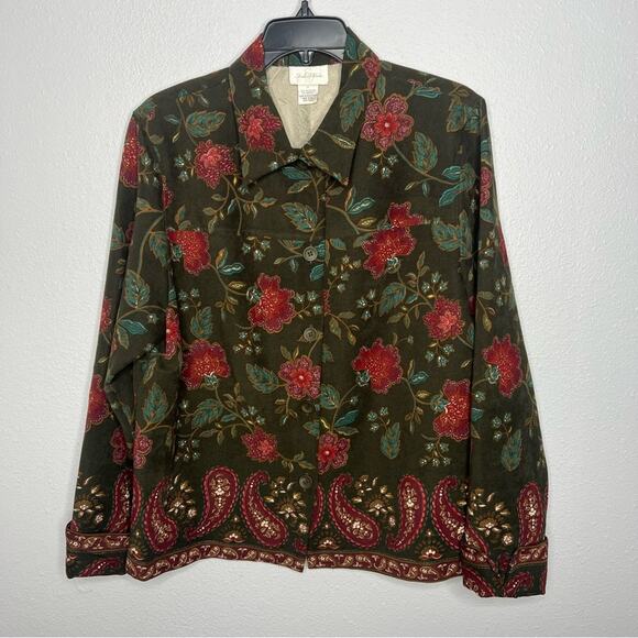 Studio Works Green Red Floral Paisley Print Lightweight Jacket Women's size L - Picture 1 of 6